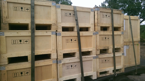 neatly stacked and banded crates